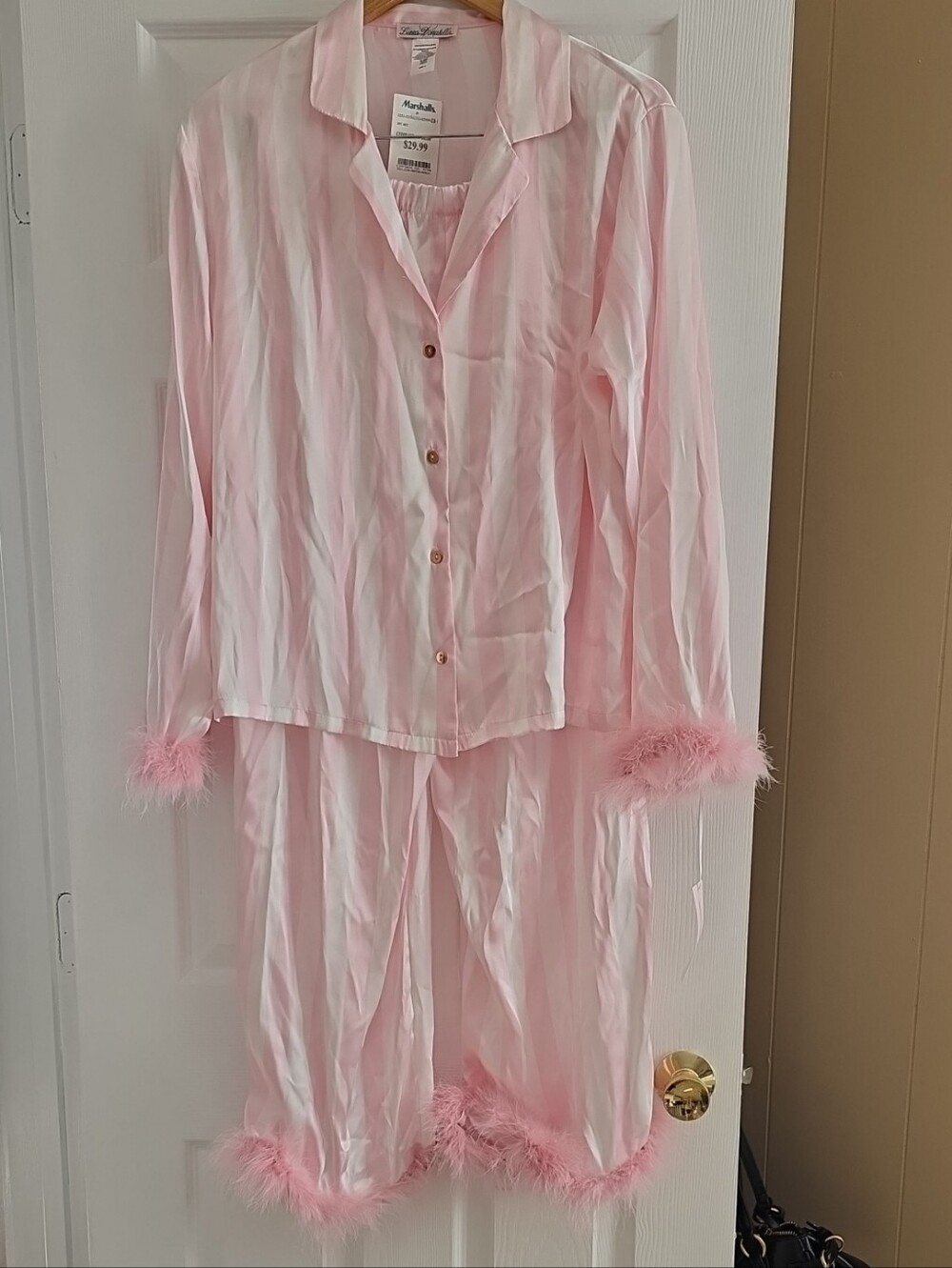 Linea Donatella Pale Pink Striped Satin Pajama Set with Feather Trim